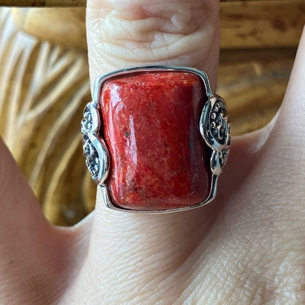 Genuine Red Coral Sterling Silver Heart Ring Size 6